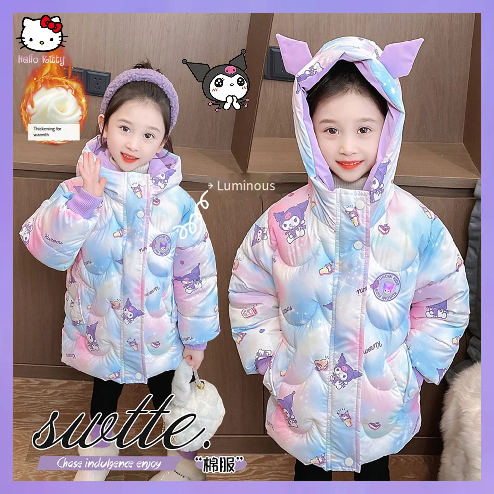 Winter Kuromi Jacket for Kids Coats Kawaii Anime Sanrio Hooded Cotton Jacket Princess Girls Down Coat Long Cotton Jacket Fashion