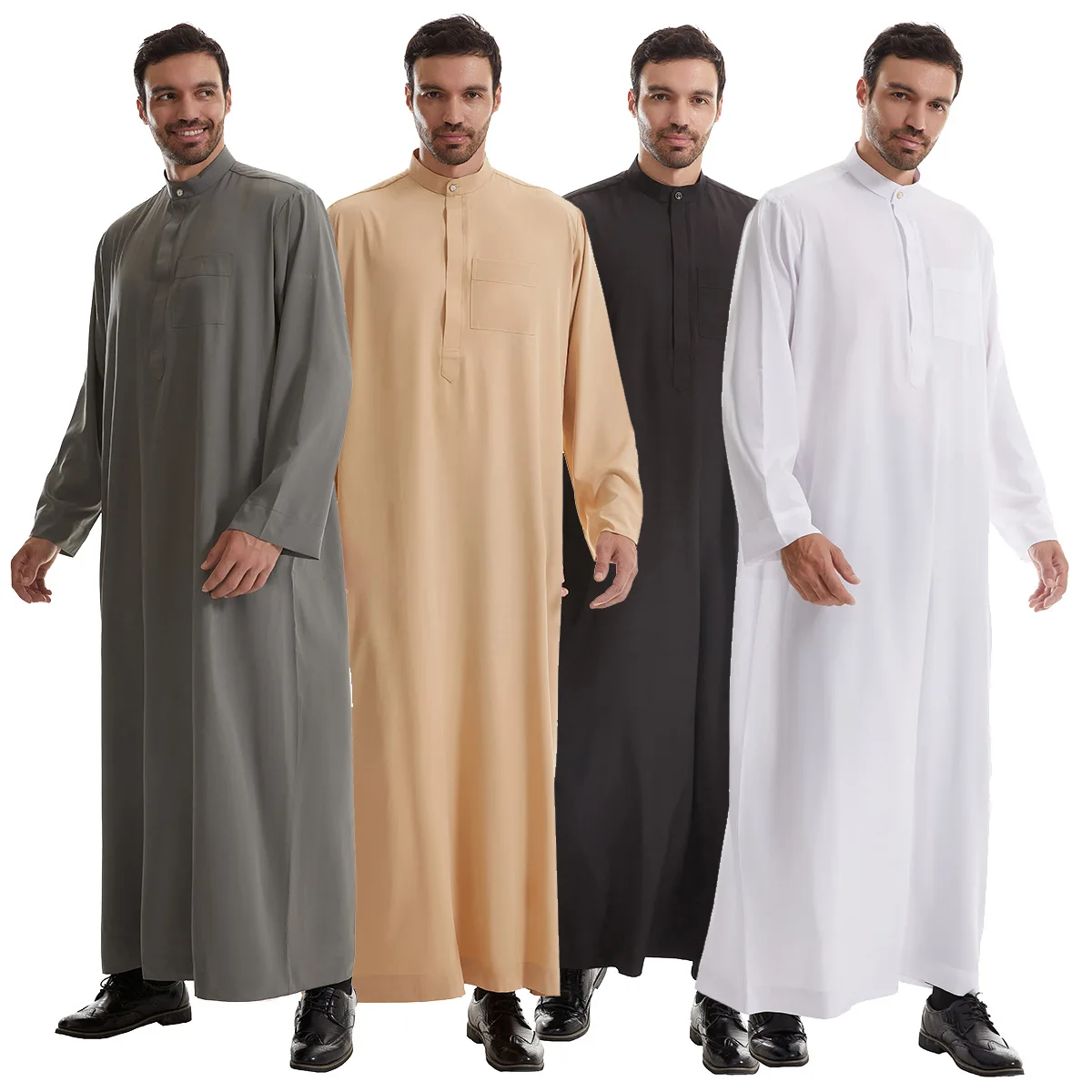 Muslim Men Long Sleeves Stand Collar Solid Color Button Robe Arab Male Adult Ankle Length Thobe Ramadan Eid Clothes