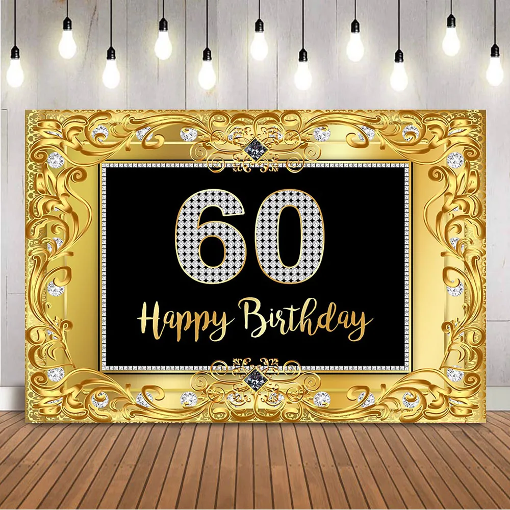 

Gold Glitter Birthday Backdrop 60th Adult Theme Party Decoration Banner Sixty Happy Birthday Photo Background Photocall Props