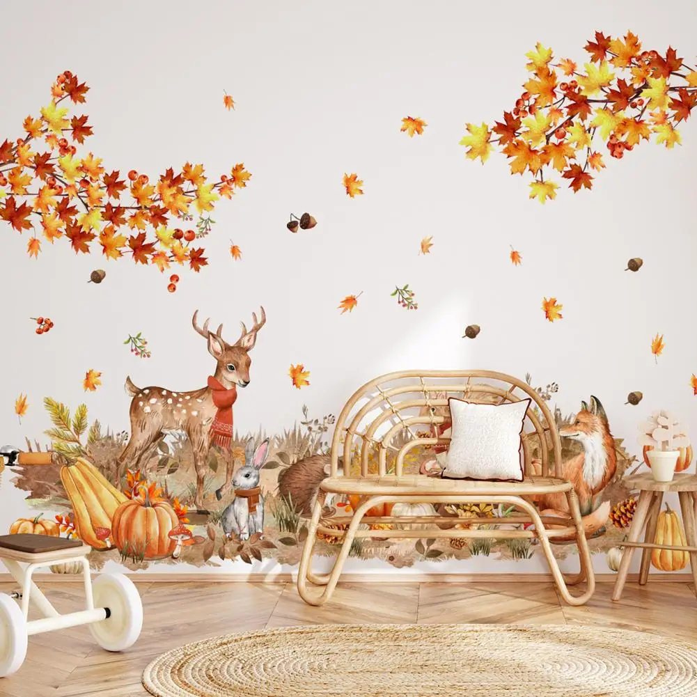 Durable Pvc Decal Adhesive Wall Art Thanksgiving Pumpkin Fall Maple Leaves Wall Decal Set with Woodland Tear-resistant for Home