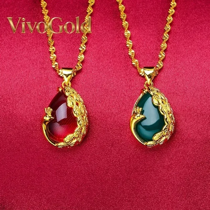 

VivoGold Peacock Pendant for Women, 24K Gold, AU999 | Embossed peacock with ruby eyes, luxurious for traditional weddings.