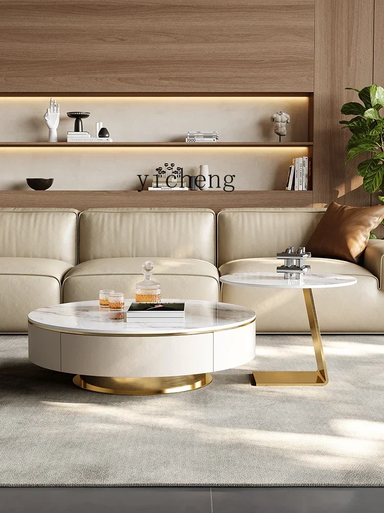 TQH6.4  modern light luxury rock slab living room round  table household small apartment stainless steel edge table combination