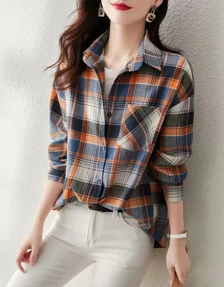 

Faionable Plaid Long Sve Women's irt Korean Sle Ранняя осень Новое поступление Ele Design Cotton Blend Busin Casual...