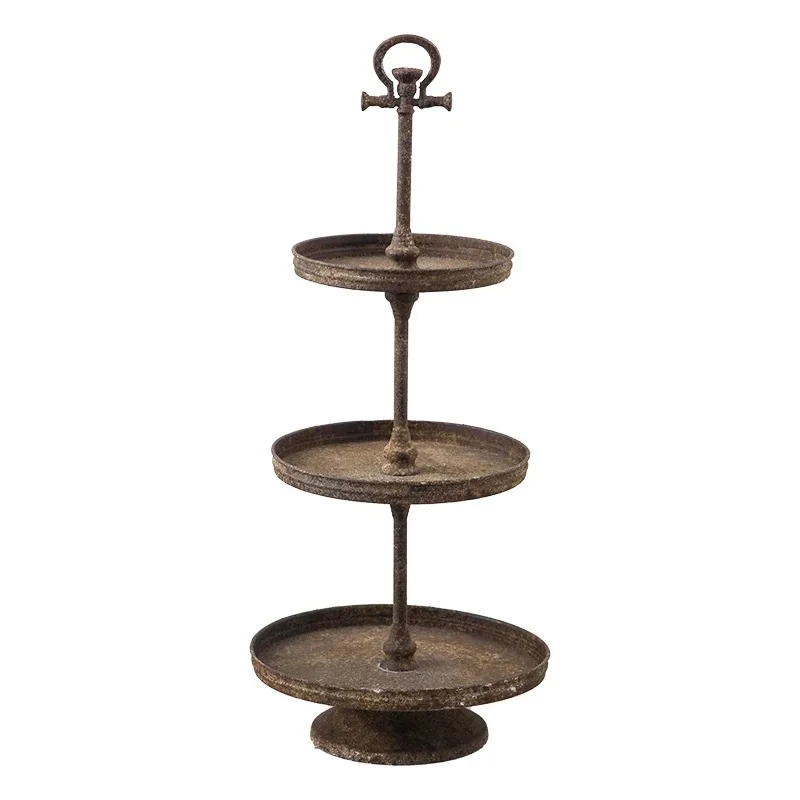 

Vintage 3-Tier Display Stand, Rustic Iron Serving Tray, Brown Antique Finish, 35.5cm Diameter x 84cm Height