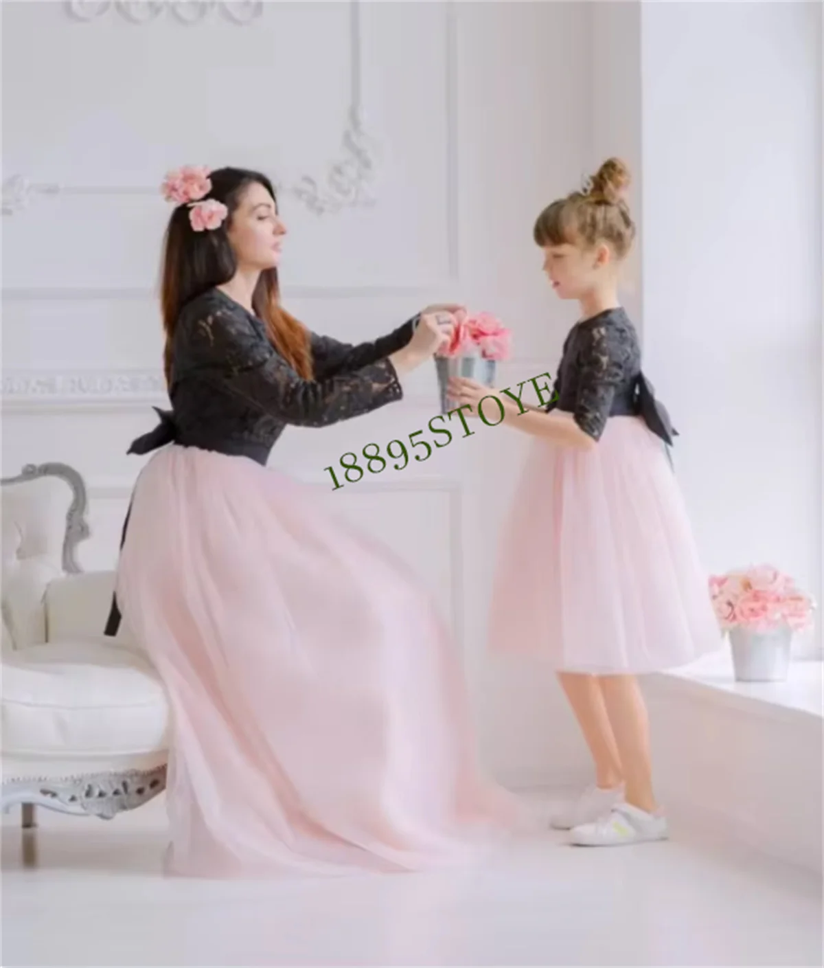 CustomizedMother Daughter Matching Gowns Blush Black Lace Dress Mommy and Me Outfit Toddler Formal Photoshoot Birthday Party Dre