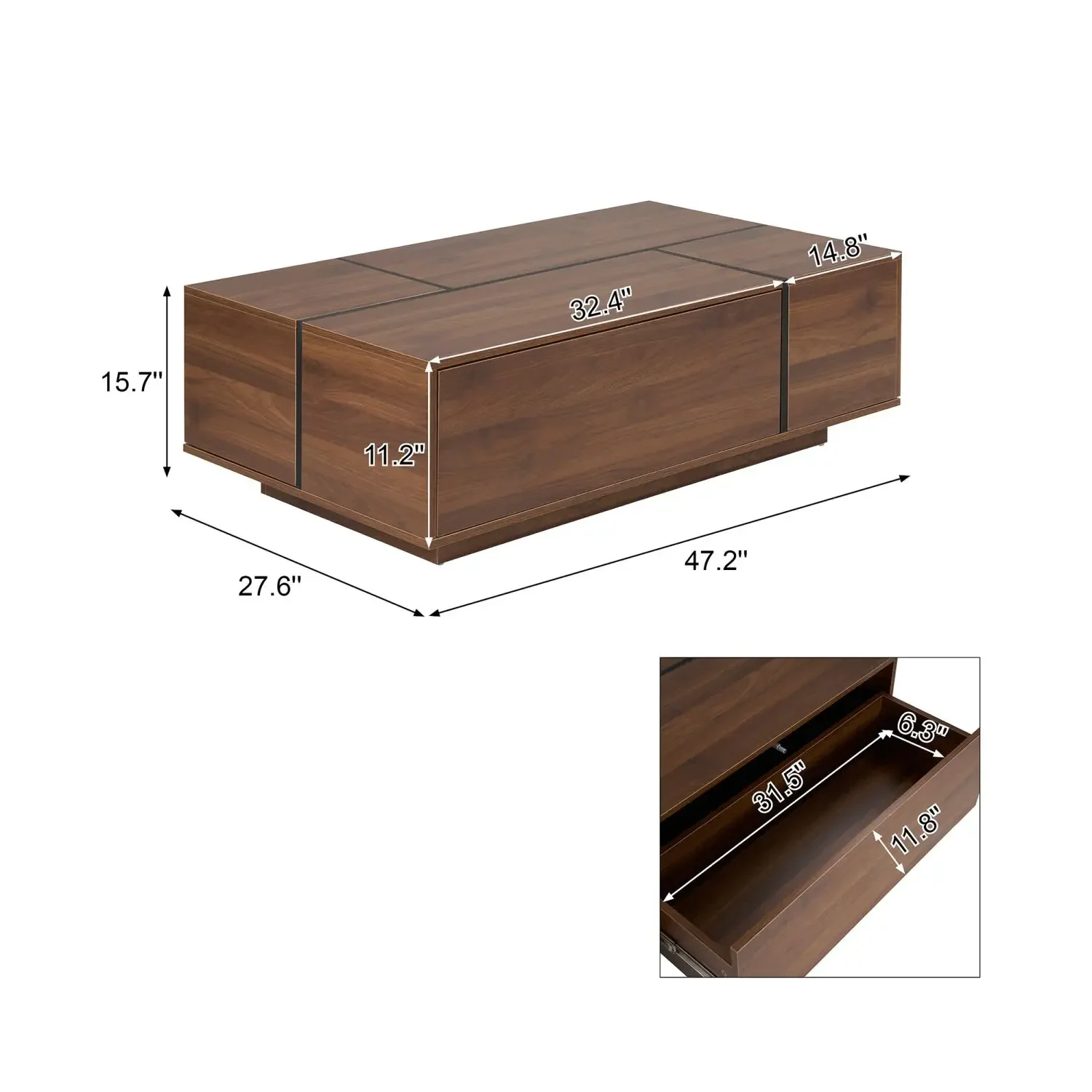 Table basse rectangulaire coulissante avec 2 tiroirs et 2 rangements cachés pour le salon 47,2" (noyer), tables basses