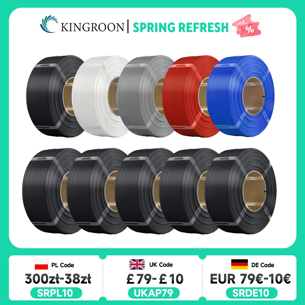 

KINGROON No-Spool PLA Filament 1.75mm 10KG (22LBS) , 3D Printer Material PLA Refill For Bambu or DIY Reusable Spools, 10 Rolls