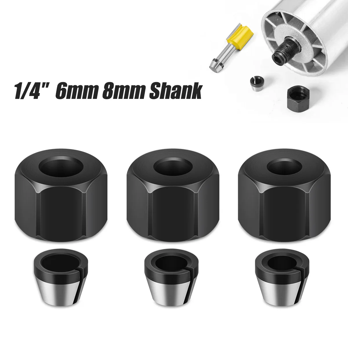 Portabrocas de 6mm, 6,35mm y 8mm con tuerca, máquina cortadora de grabado, adaptador de broca, enrutador eléctrico, accesorios de fresado