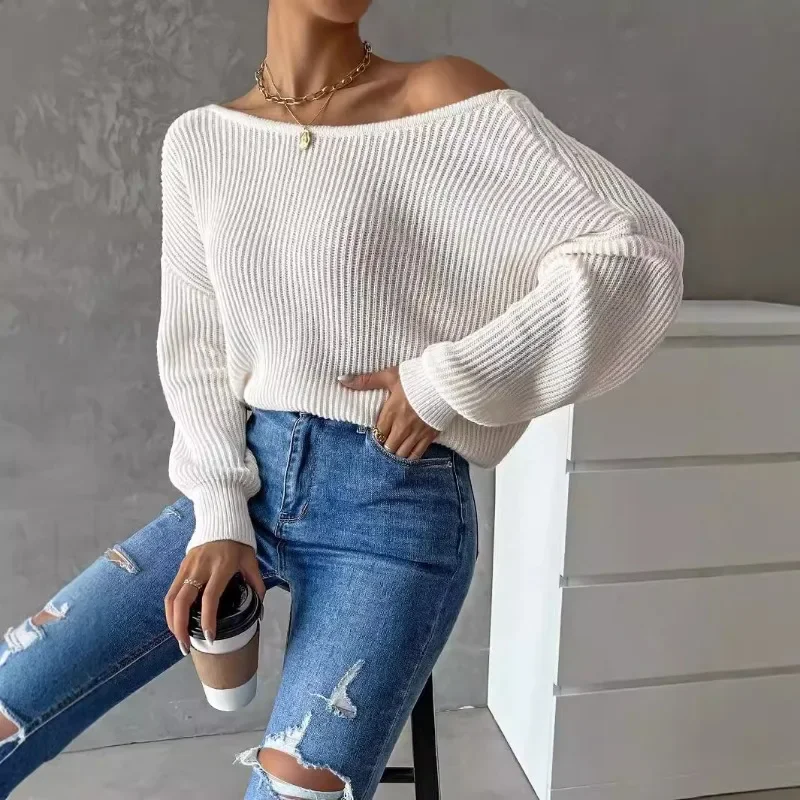 Women Sexy V-Neck Open Back Sweaters Casual Solid Loose Cross Knitted Pullover Women Batwing Long Sleeve Sweater Tops Pullovers 5