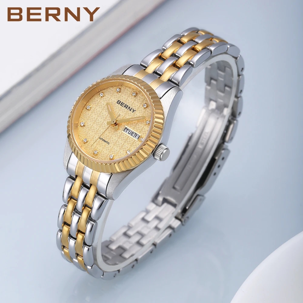 BERNY-reloj mecánico de lujo para mujer, pulsera con bobinado automático, cristal de zafiro dorado, resistente al agua, para negocios