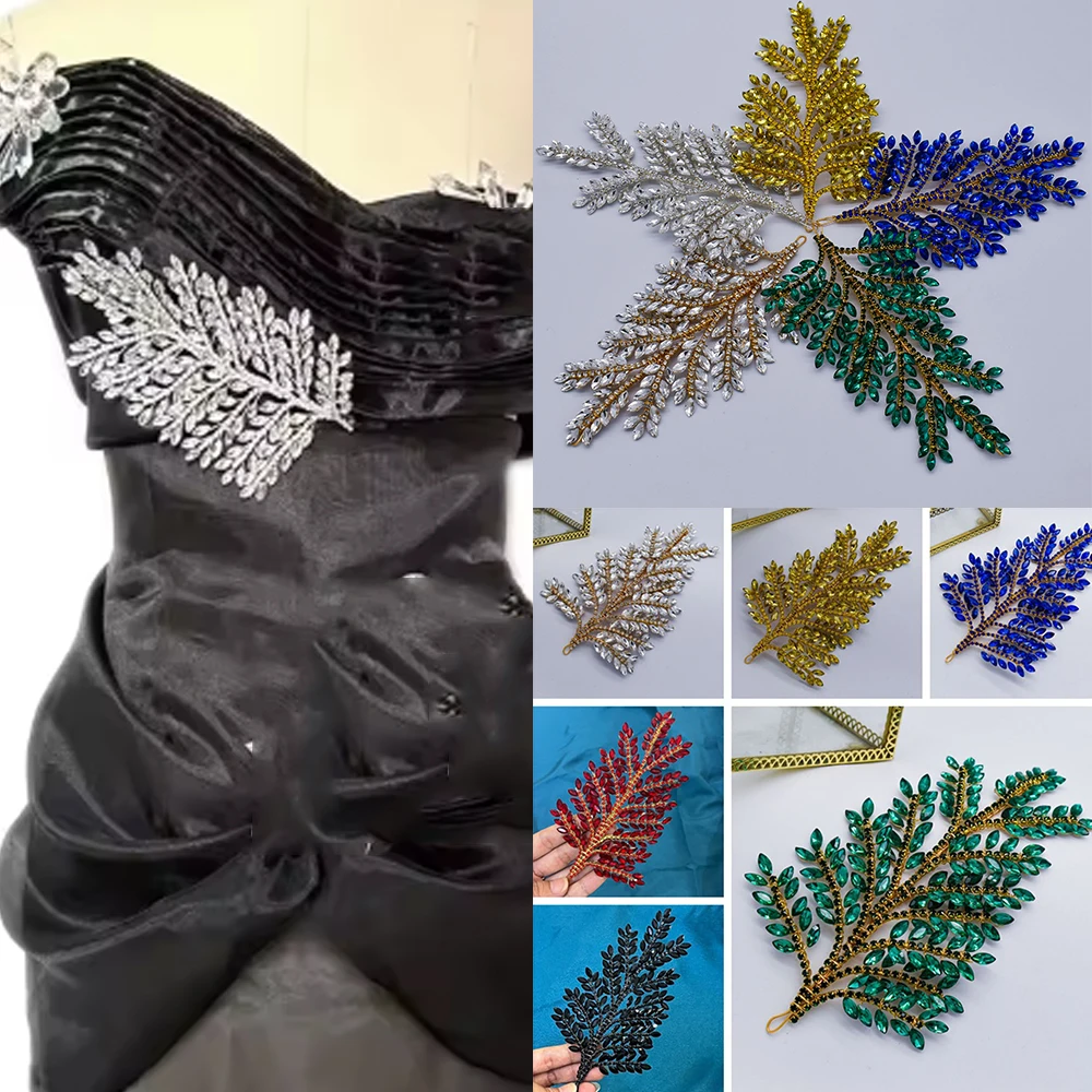DZ110 New 3D Leaves Colorful Sparkling Diamond Applique Rhinestone Bridal Tiara  Flower Patches for Wedding Bridesmaid Dresses