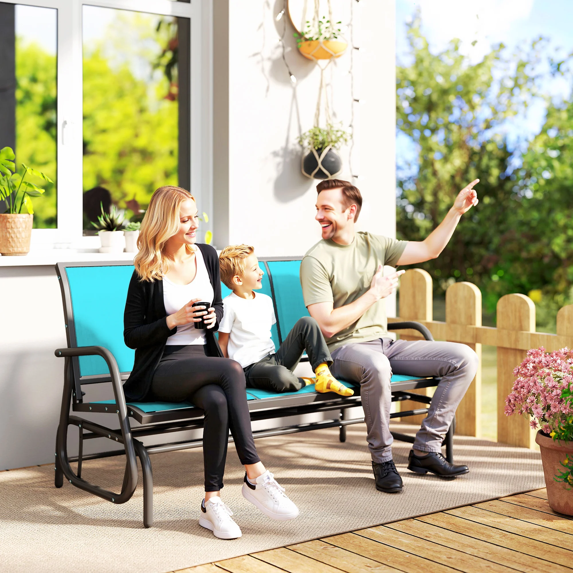 3-Person Outdoor Patio Glider Bench, Porch Glider Swing with 3 Seats, Breathable Mesh Fabric, Metal Frame, Blue
