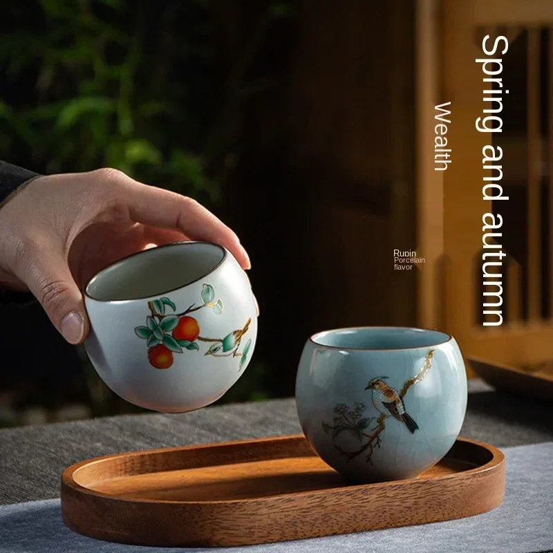 Ru-Porcelain Tea Cup Ceramic Kung Fu Couple Cups Ru Ware Natural Crack Supportable Master Cup Persimmon Single Cup Gift Box
