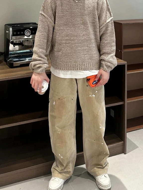 

Vintage American High Street Faded Khaki Spray Painted Jeans Simple Dirt Dye Design Loose Straight Leg Long Trousers