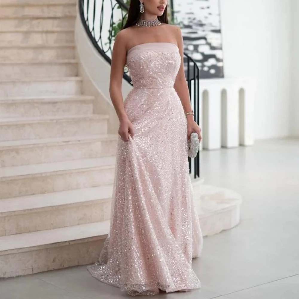 

Sequin Lace Customized Evening Dress Strapless A-Line Floor Length Sleeveless Women Wedding Party Guest فساتين سهرة