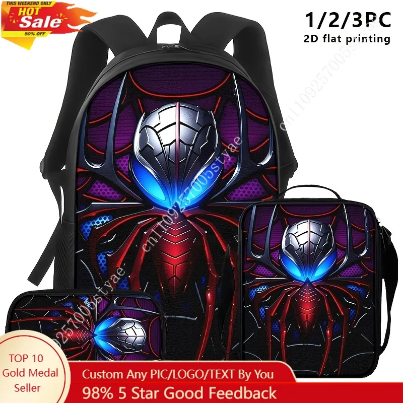 

Spider Backpack 3 Set Unisex Large Capacity Bookbag Red and Blue Big Spider Printed Bags Should Schoolbag Lunch Bag Pencil Box