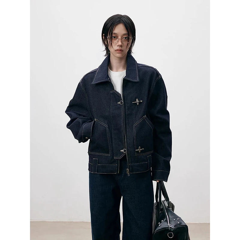 YIBASHU Autumn Winter Women Dark Blue Zipper Denim Jacket American Retro Y2k 2000s Gothic Cargo Design Jacket Cowboy Outwear