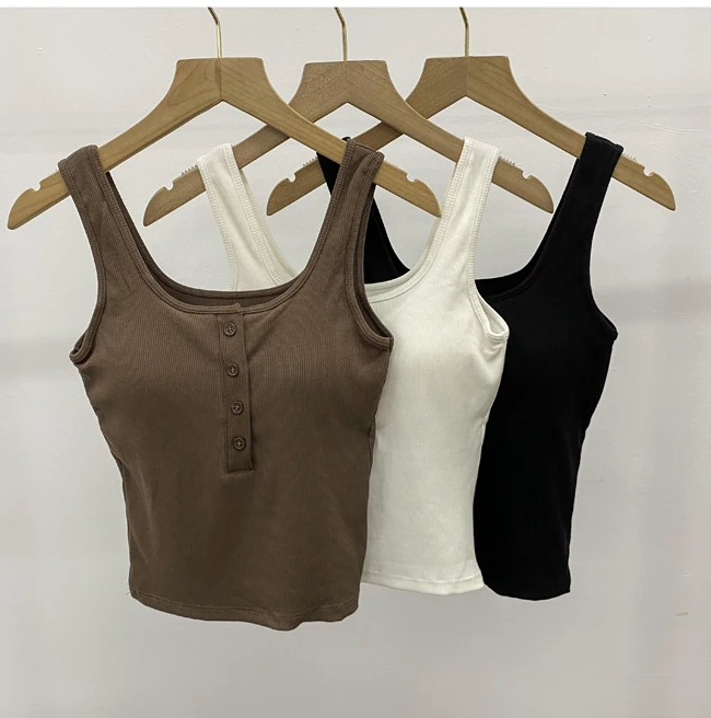 Women's Ribbed Vest Integrated Bra Pad Sleeveless Base Shirt Inner Wear No Bra Needed Autumn Winter Slim Fit Cotton Blend