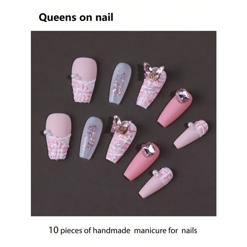 

10 Pieces Handmade press on Nails Ballet Style False Nails/Smudged/Oversized Sparkling Diamonds/Pearls/Golden Stripes