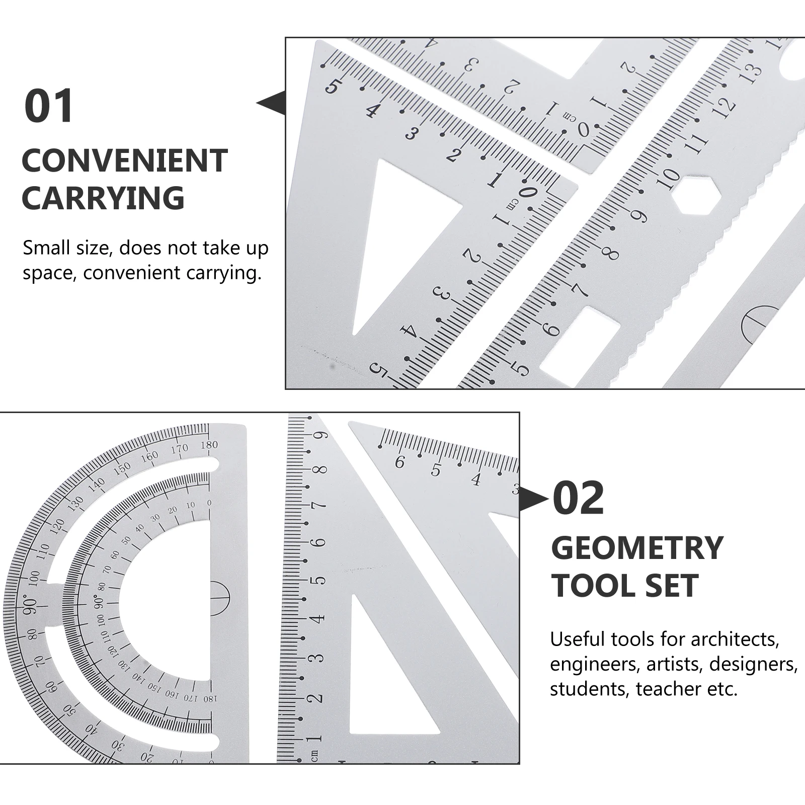 1Set Metal Ruler Set Silver Stationery Set for Students Architects Artists Includes Straight Ruler Triangle Plate