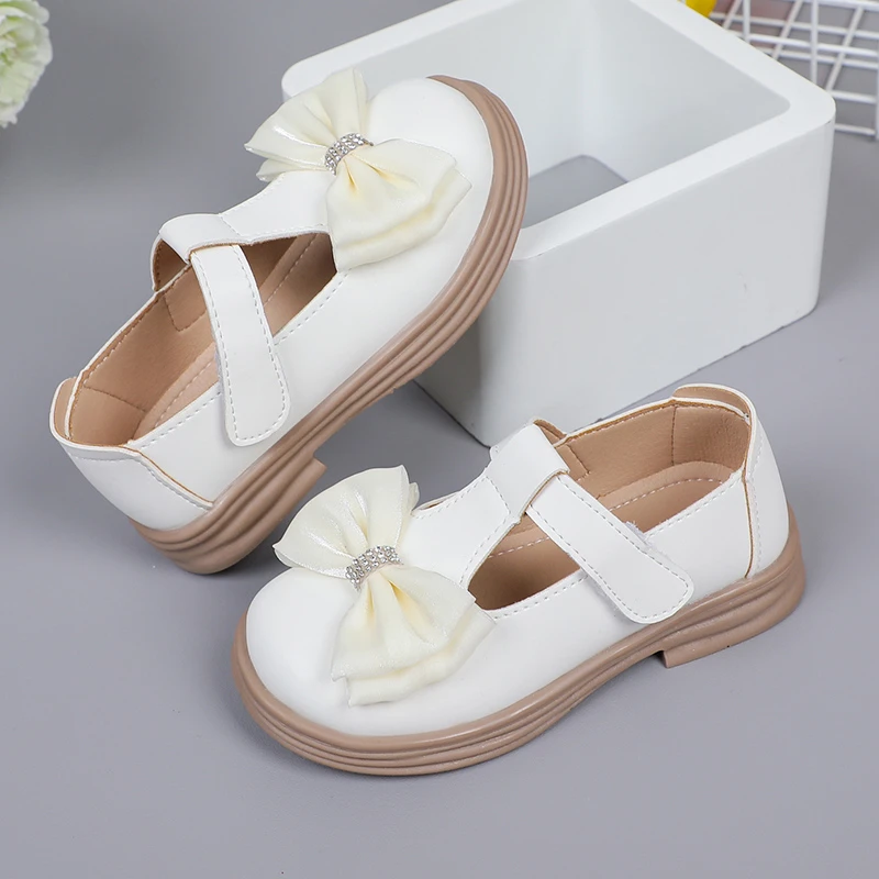 

Children Casual Shoes Versatile Bow Rhinestones Cute Girls Leather Shoes White UK Uniform School Shoes Korean Style Kids Shoes