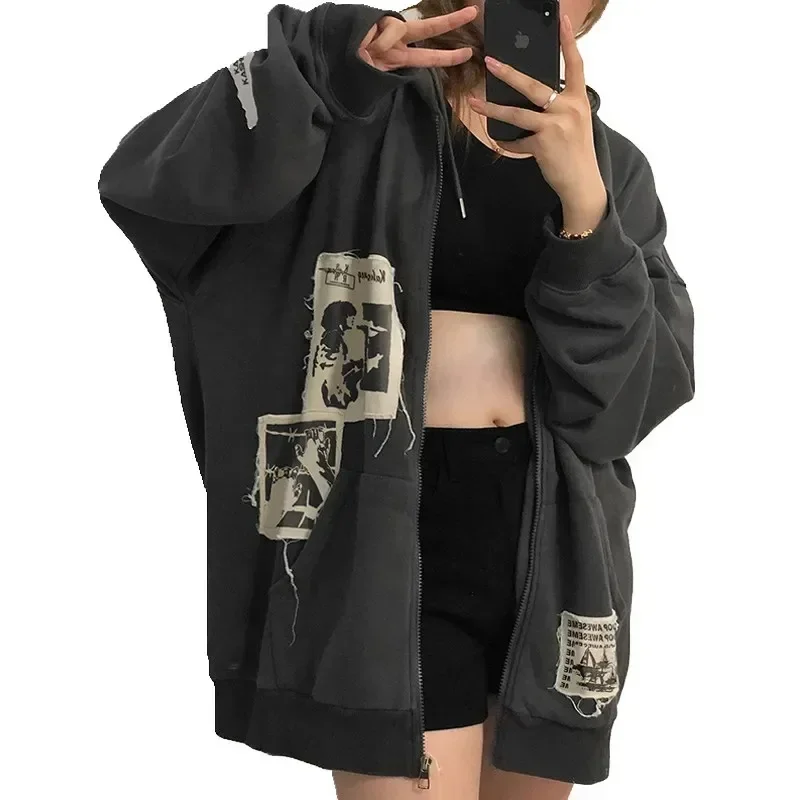 Gothic Hoodie Jackets Women Harajuku Oversized Zipper Jacket Autumn Winter Vintage Loose Hooded Sweatshirts Y2k Streetwear