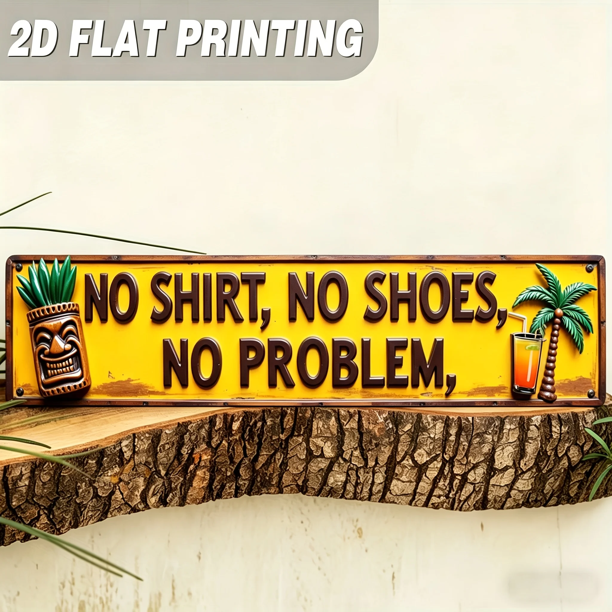 Metal Sign, Fun No Shirt, No Shoes, No Problems, Tropical Tiki Bar Decoration, Wall Hanging, Vintage Style Wall Decor for Bar