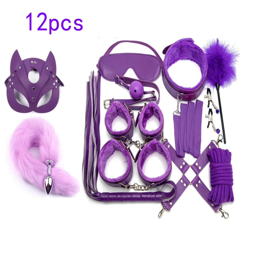 Sexy Leather BDSM Kits Plush Sex Bondage Set Handcuffs Sex Games Whip Gag Nipple Clamps Sex Toys For Couples Exotic Accessories