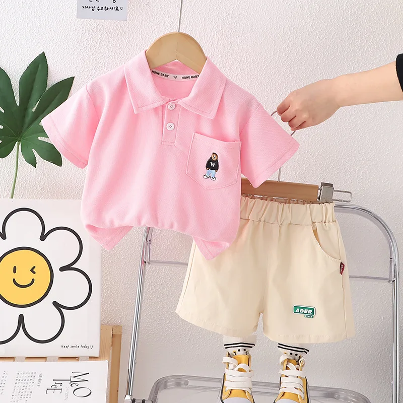 Summer Baby Boy Infant Clothes 2024 Korean Casual Cartoon Turn Down Colar Short Sleeve T-shirts and Shorts Kids Boys Outfit Set