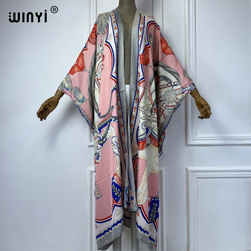 WINYI Summer fashion Beach new Geometric print Cover Up Boho Cardigan elegant Holiday Kimono beach outfits women kaftan dress