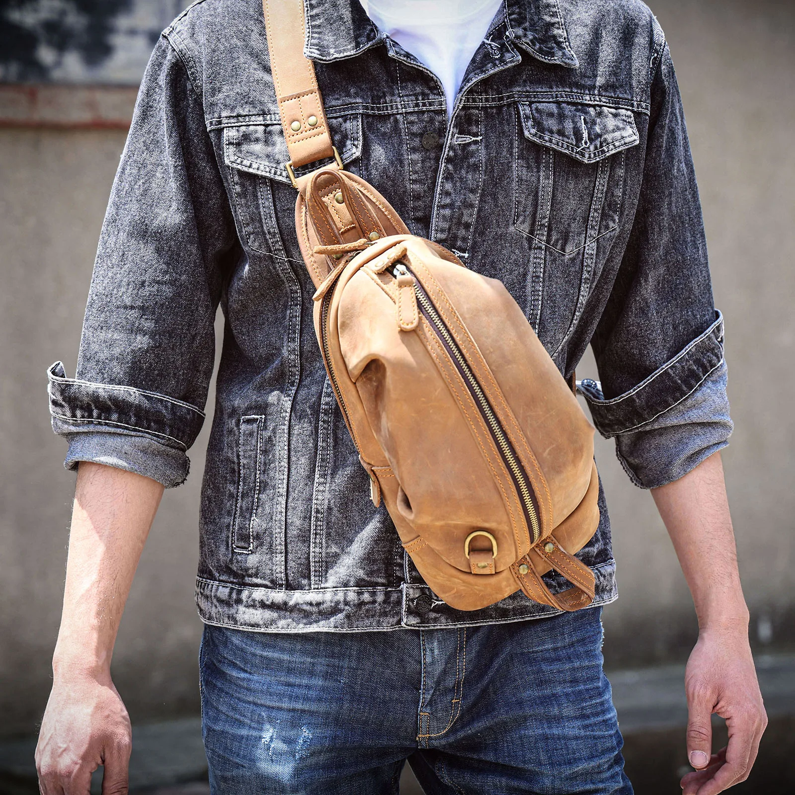 Vintage Echtleder-Umhängetasche für Herren, Vollnarbenleder, Crossbody-Brusttasche, große Kapazität – Detail 5