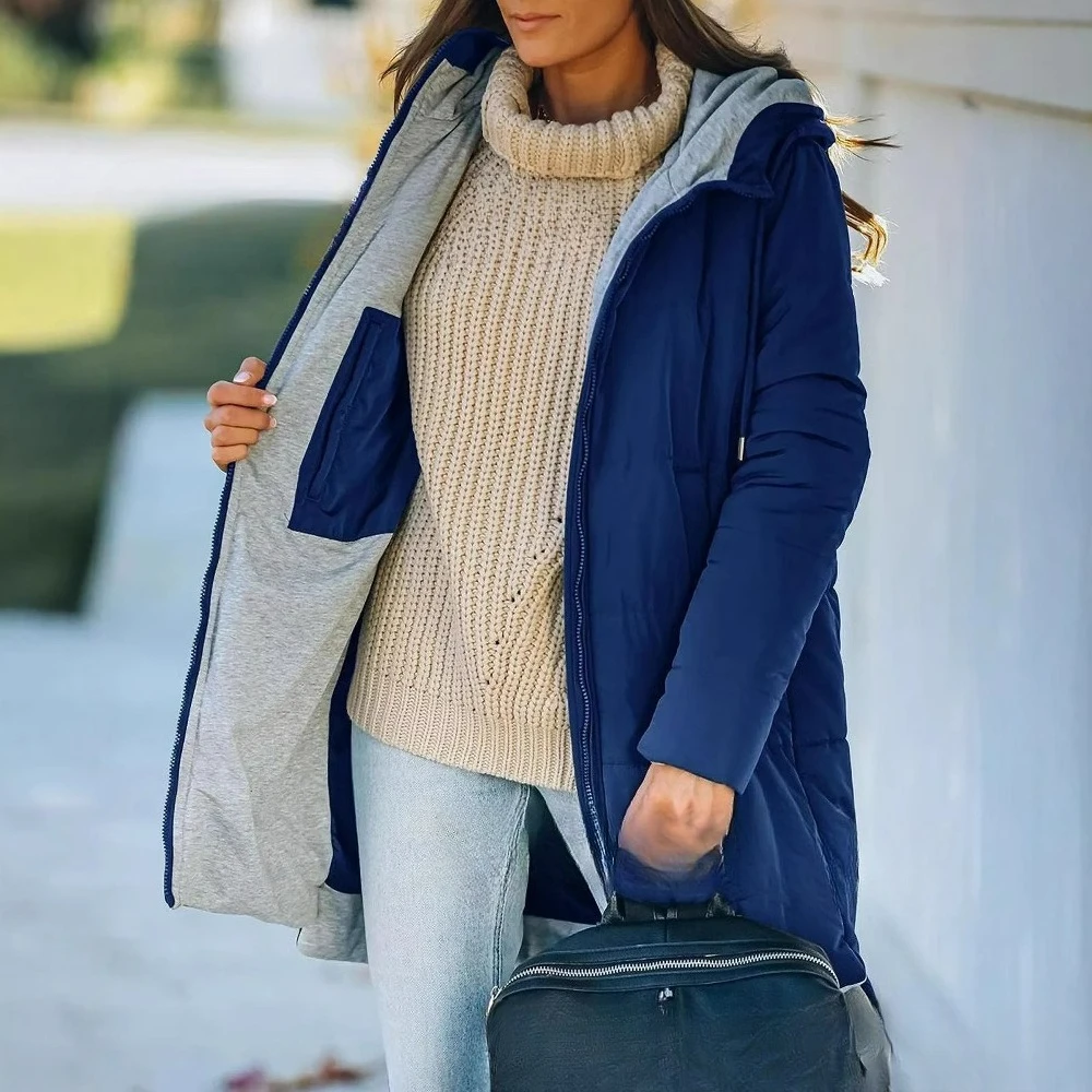 Damska kurtka zimowa z kapturem, bawełniana, dopasowany krój, długi rękaw, jednolity kolor, kieszenie, odzież wierzchnia, 2025