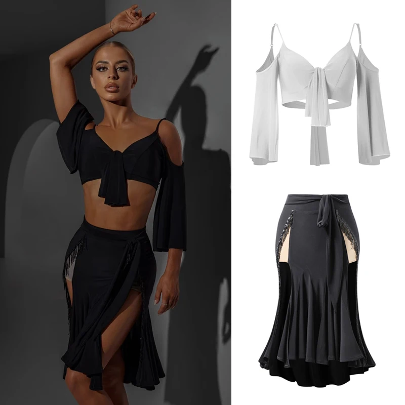 

Women Stage Professional Dancing Clothes Sexy Loose Sleeves Latin Top Split Fringed Skirt Latin Dance Costume Clothing SL8971