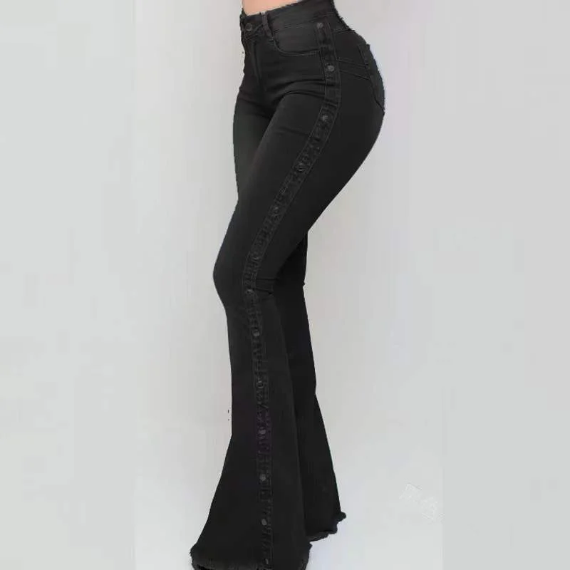 Damskie jeansy z wysokim stanem i rozszerzanymi nogawkami - bardzo długie spodnie jeansowe Bootcut w stylu vintage z lat 70. i wygodnym krojem
