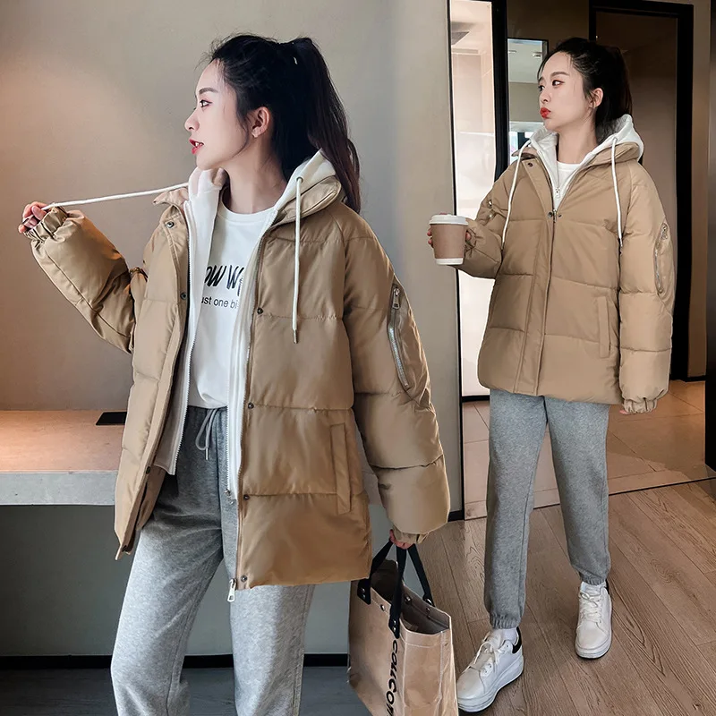 2025 Winter Women's Cotton Jacket Female Fake Two Pieces Contrast Hooded Parkas Coats Women's Thicken Warm Padded Jacket