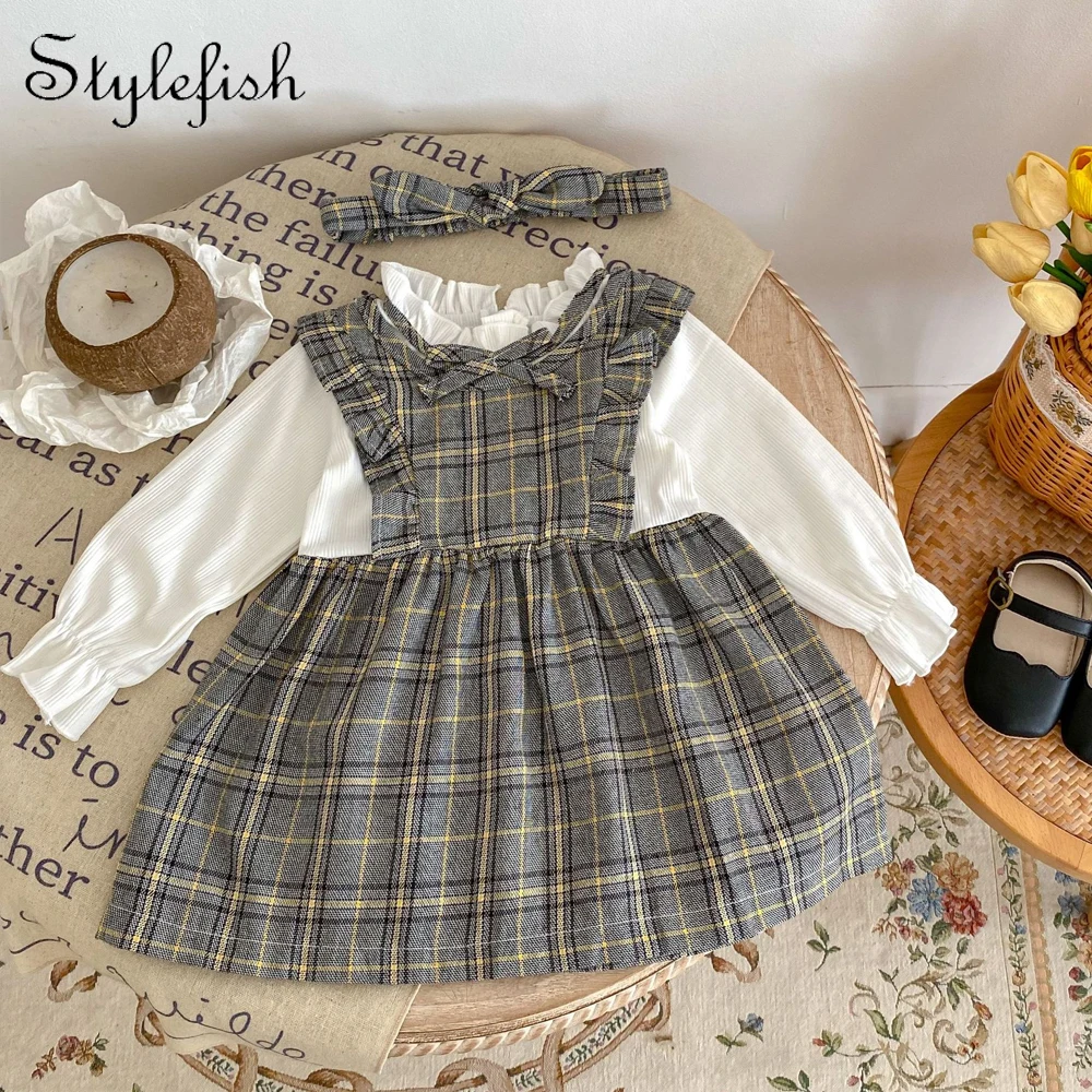 Spring and Autumn Baby 0-3 Year Old Girl Fashion Butterfly Dress Plaid Vintage Fake Two Piece Long Sleeve Loose fitting Dress