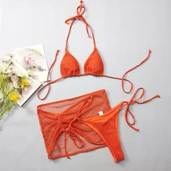 Orange Fishing Net Skirt Swimwear Cover Up Micro Thong 3 Piece Bikini Set Sexy Swimsuit Women String Halter Bikinis Bathing Suit