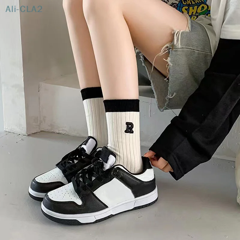 Women Socks Autumn Simple Casual Black White Striped Pile Socks For Girls Breathable Middle Tube Letter Embroidery Cotton Soft