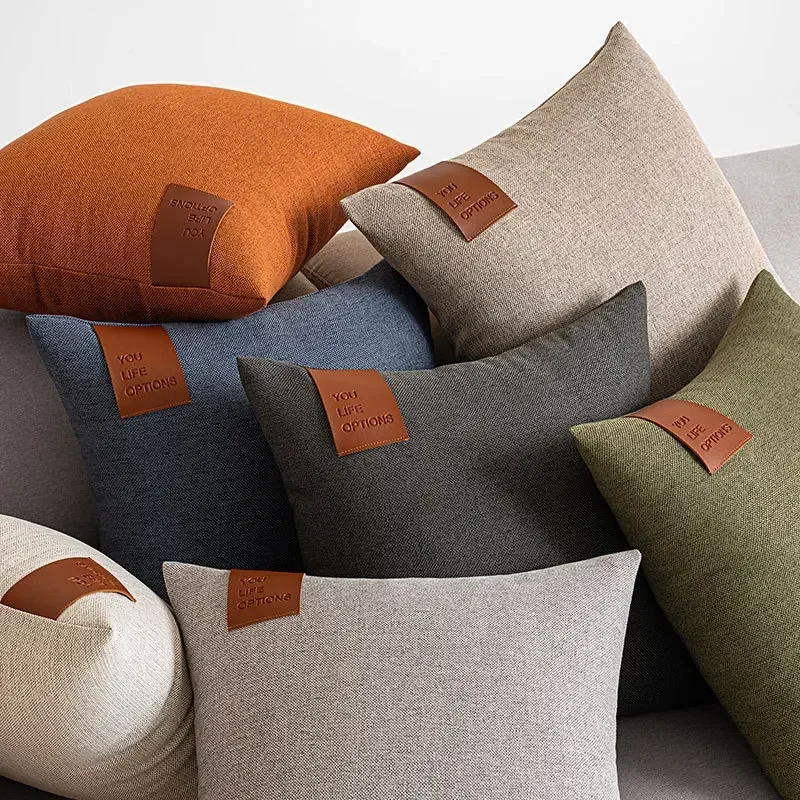30x50/45x45/50x50 Leather Label Splicing Throw Pillow Cover Living Room Light Luxury Cushion Cover Nordic Pillowcase