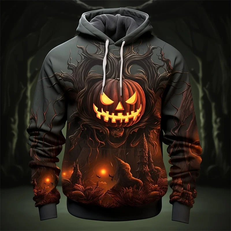 Halloween Pumpkin Graphic Hoodie For Men Withered Tree 3D Printed Sweatshirt Autumn Casual Pullover Long Sleeve Hoodies Tops