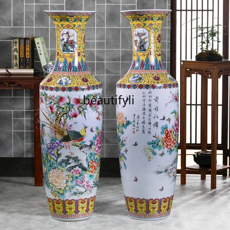 

Pottery Famille Rose Hand Drawning Peacock Vase Decoration Floor Large Vase Hotel Living Room Home Decorations