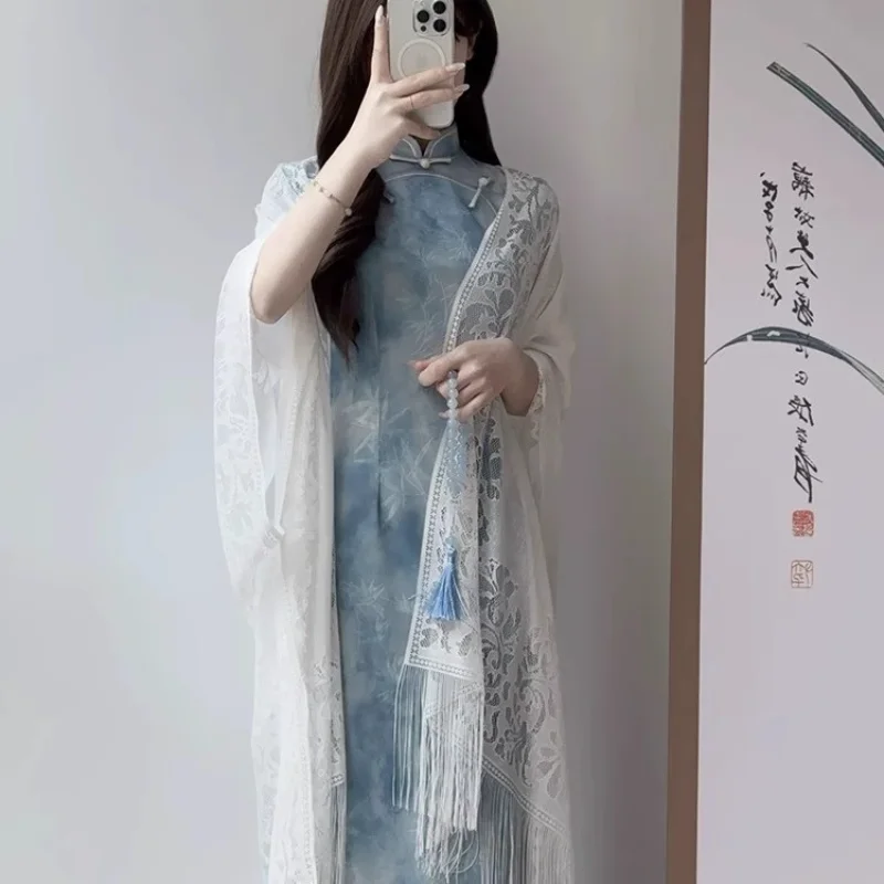 

Women Hollow Out Thin Shawl Summer Office Air Conditioner Cape Elegant White Cheongsam Match Fashion Outerwear