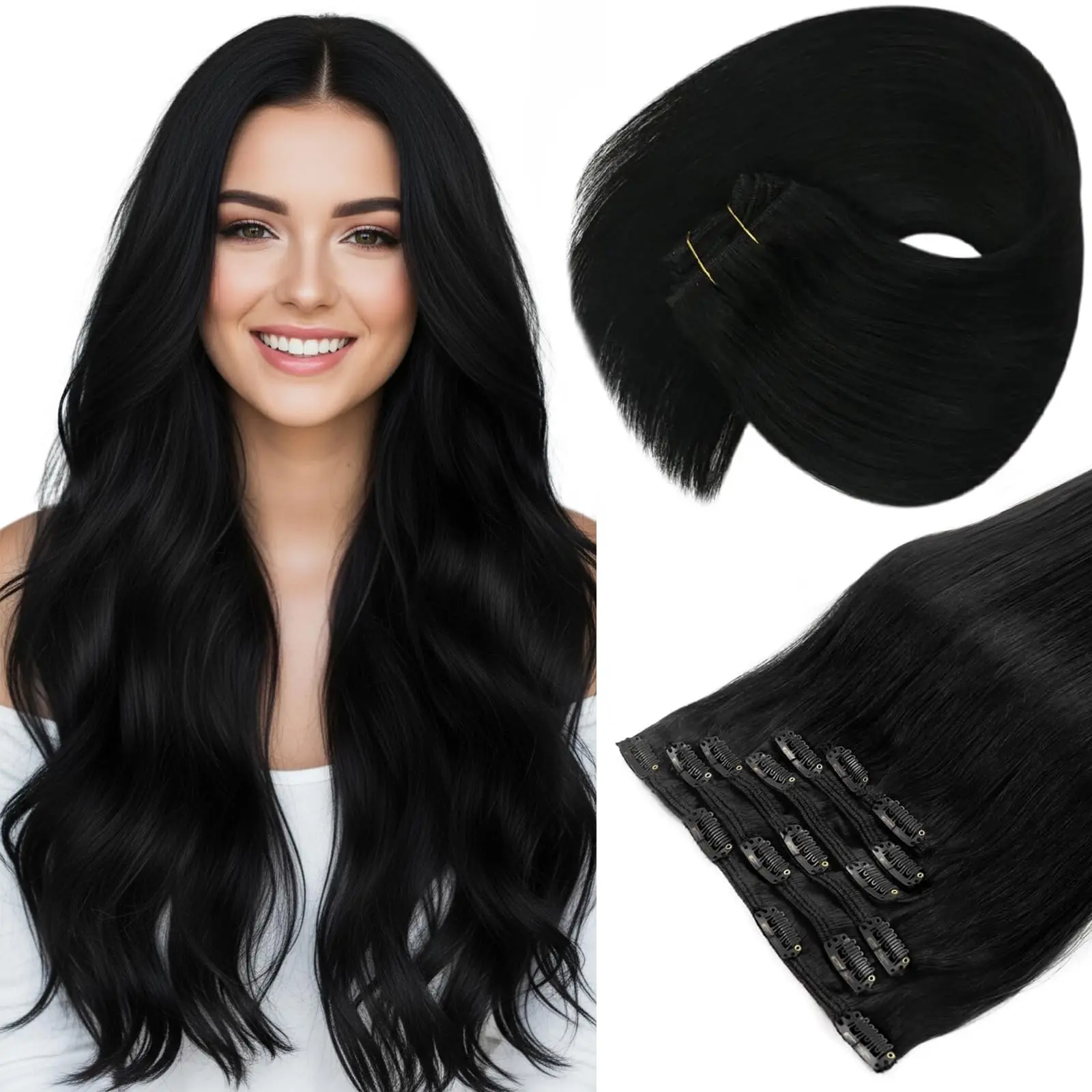 

Clip In Hair Extensions 100% Human Hair 7 Pieces Set Straight Weft Custom Density Color Length