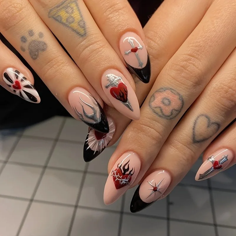 24 Pcs Glossy Almond Orange Skeleton Leaves Short Press On Nails French Black Flames Fake Nails Reusable Wearing False Nails