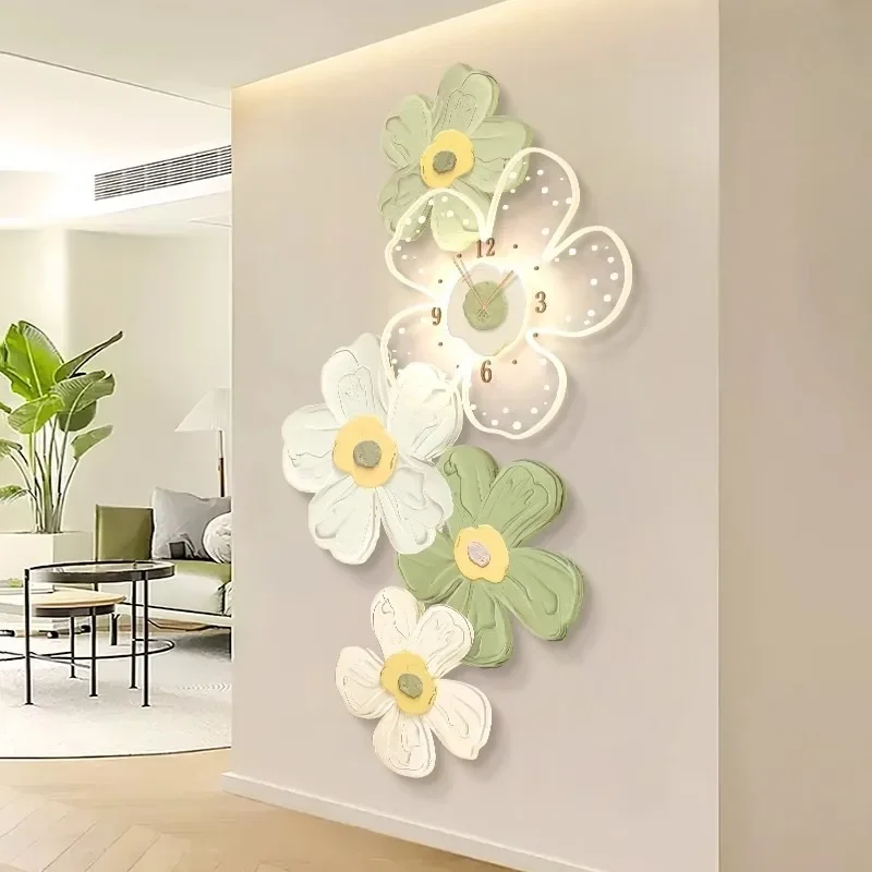 Creative Entrance Living Room Wall Clocks Flower Modeling LED Strip Luxury Aesthetic Wall Clocks Decorative Painting Home Decor