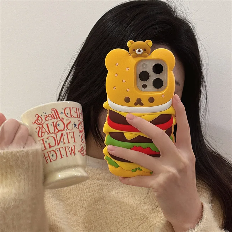 3D Cartoon Cute Hamburger Relax Bear Phone Case for iphone 16 Promax  15 14 13 12 Cover Gift