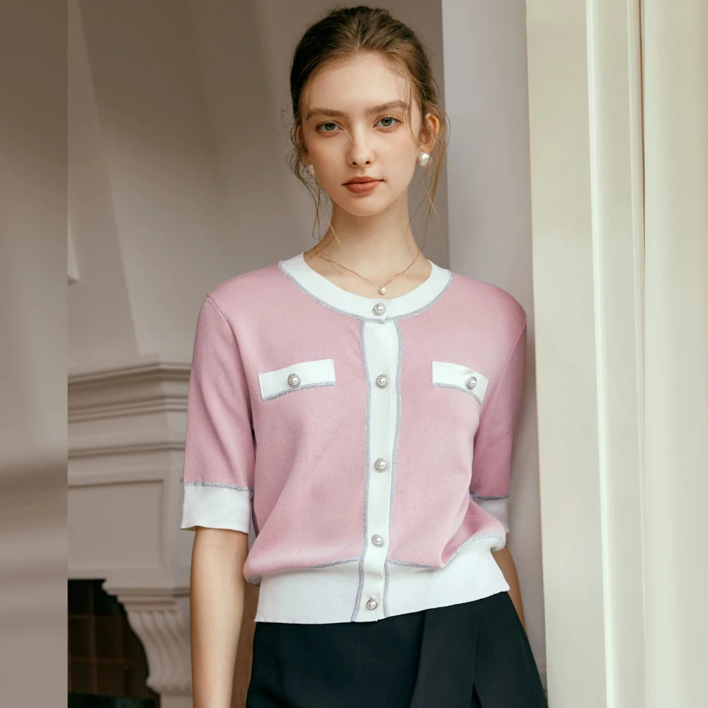 

OLrain Spliced Women Cardigan 2025 Summer Knitwear Straight Round Neck Short Sleeve Chic Single Breasted CommuteTops N56QM53236