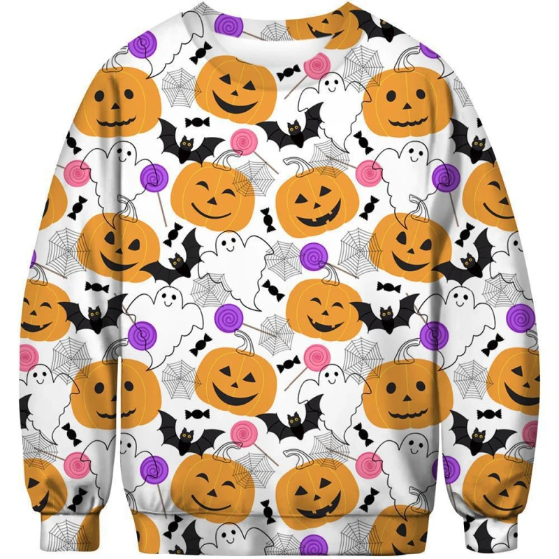 Halloween Men's Sweatshirt Round Neck Long Sleeves Pullover Hoodies  3D Printed Pumpkin Cross Ghost Pattern Street Sweatshirts