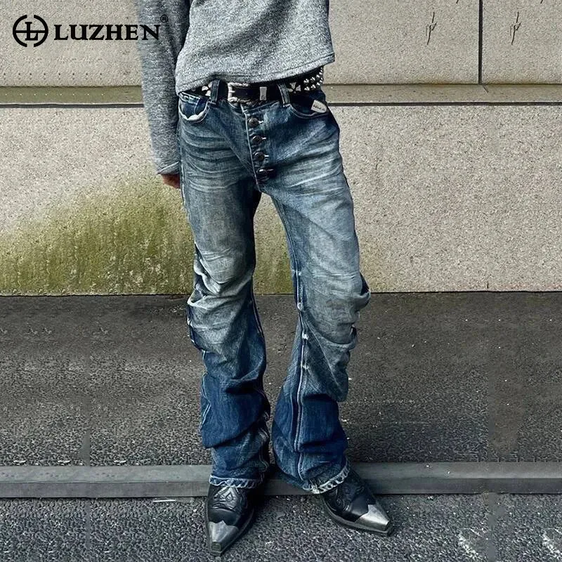 

LUZHEN, оригинальный нишевый дизайн, уличная одежда, мужские облегающие прямые джинсовые брюки, новинка 2025 года, потертые плиссированные повседневные джинсы с градиентом JY4511