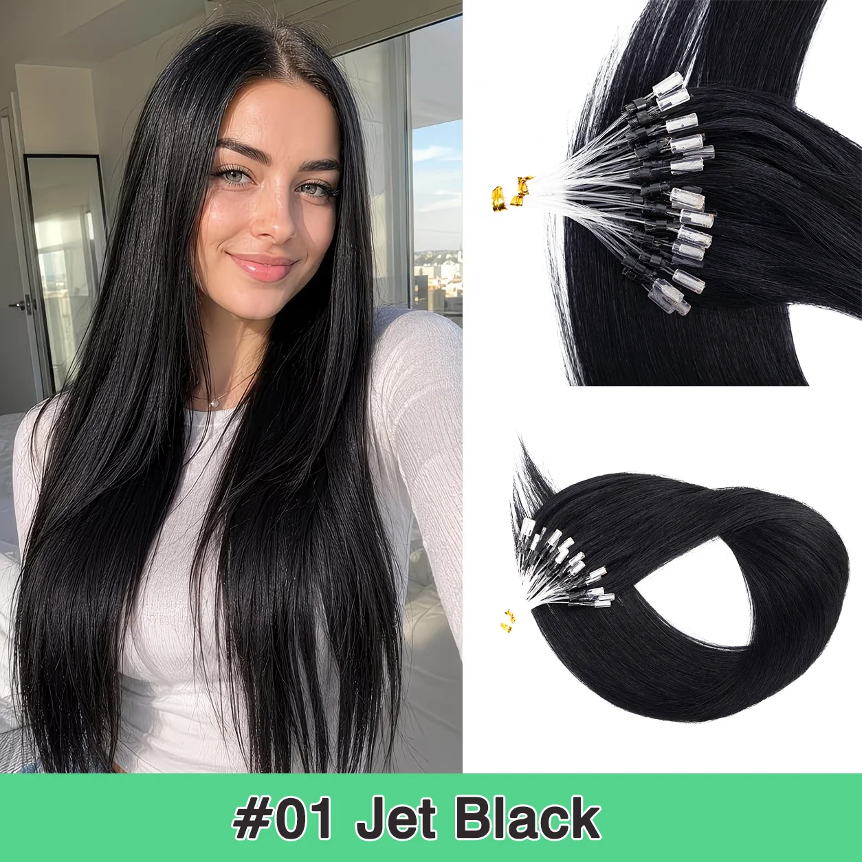 Jet Black Micro Link Tip Hair Extensions Real Human Hair Cold Fusion Micro Link Tip Invisible Remy Hair Extensions 50Strands